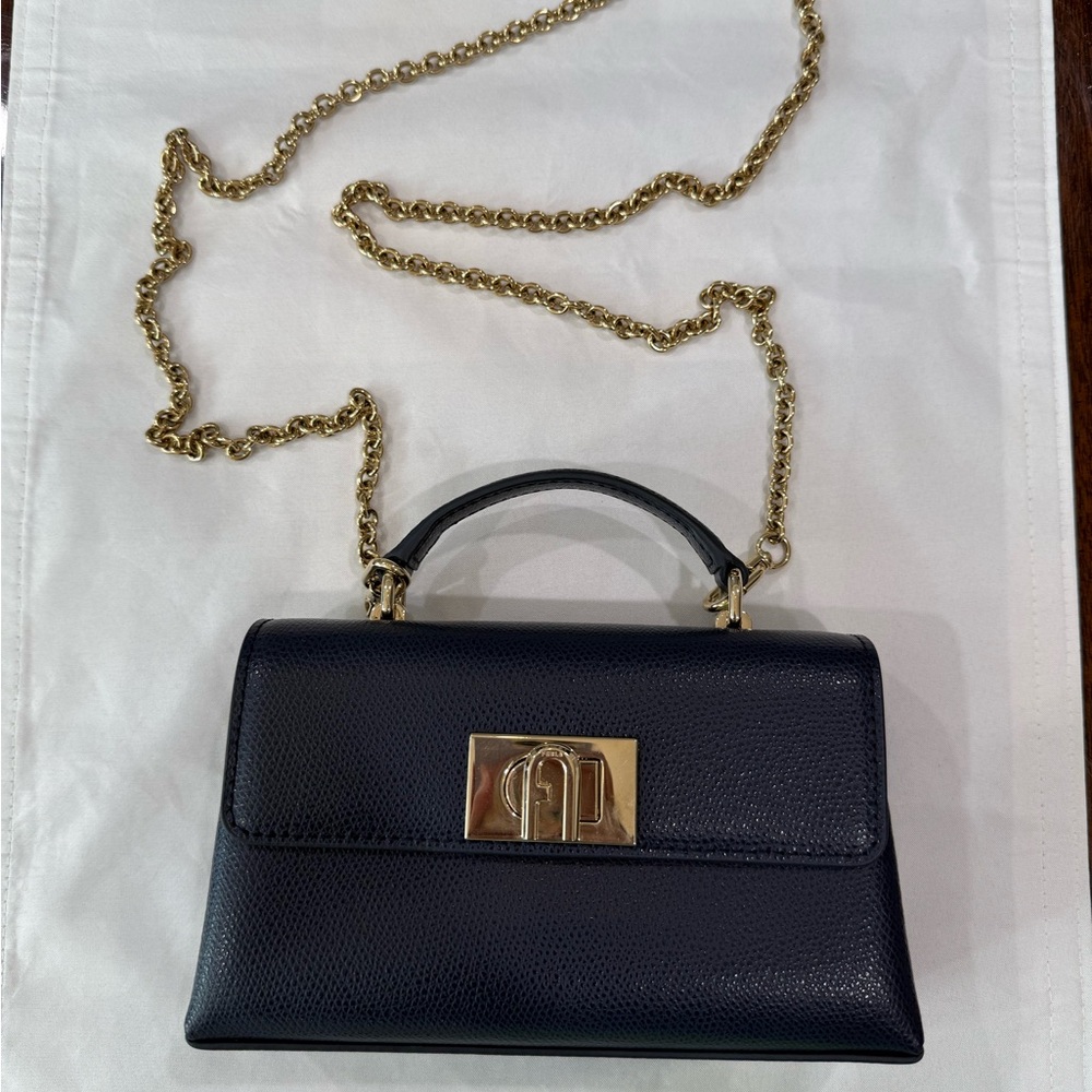 Furla Navy Blue Mini Leather Bag with Gold Crossbody Chain